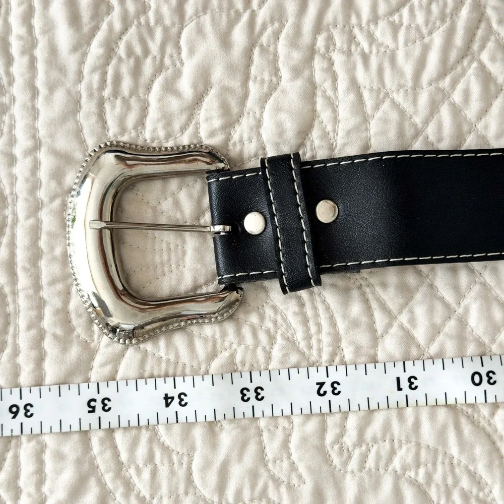 Western Black Contrast Stitch Belt Silver Buckle Grunge Cowgirl Y2K